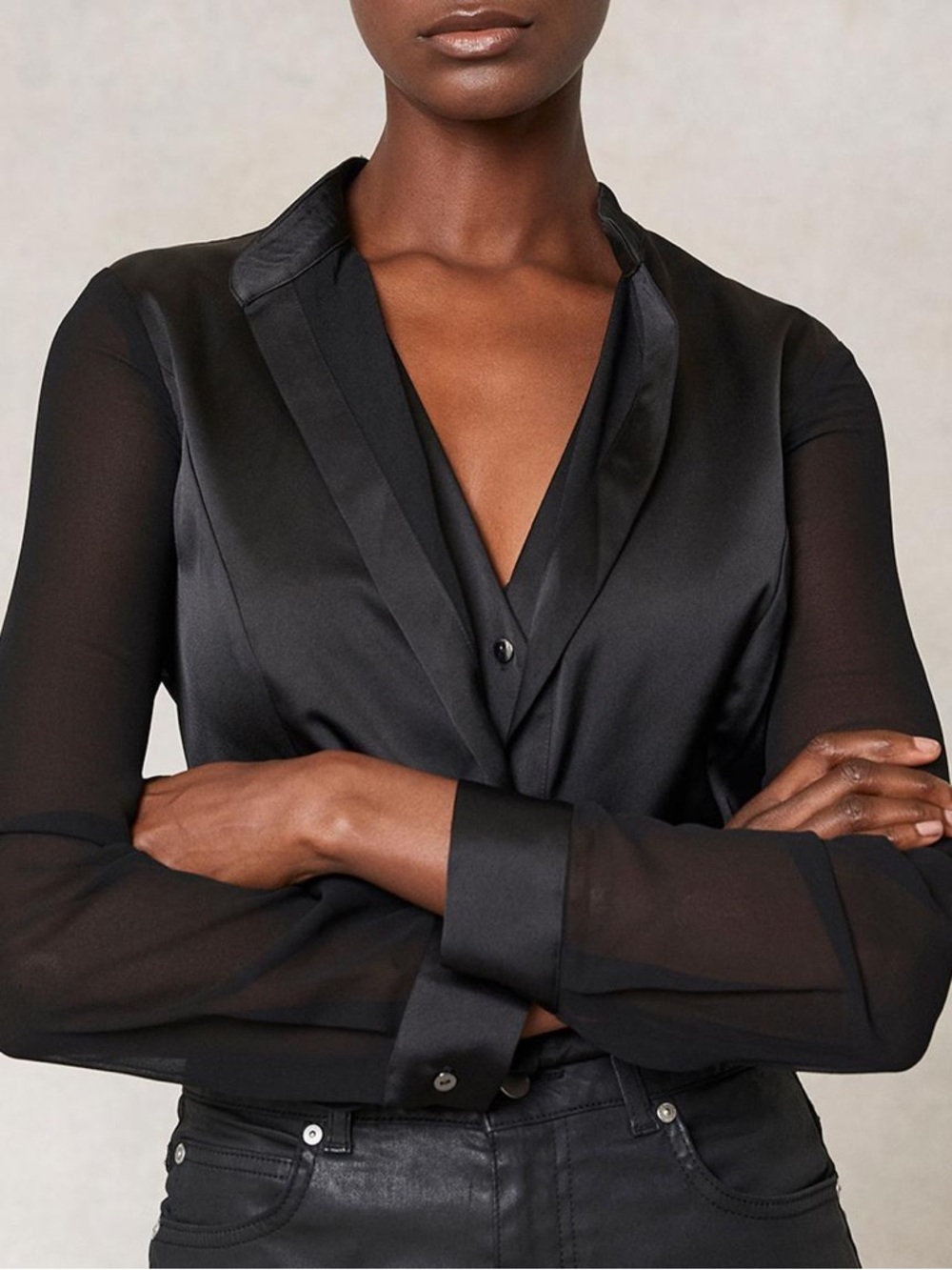 Mint Velvet Black Satin Double Layer Button Front Sheer Sleeve Blouse Top 8